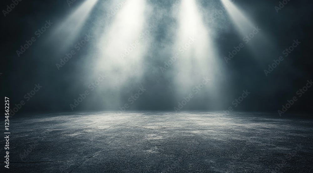 Abstract background with three light beams shining down on the asphalt floor, creating an atmosphere of modernity and minimalism. Abstract background with three light beams shining down on the asphalt floor, creating an atmosphere of modernity and minimalism.