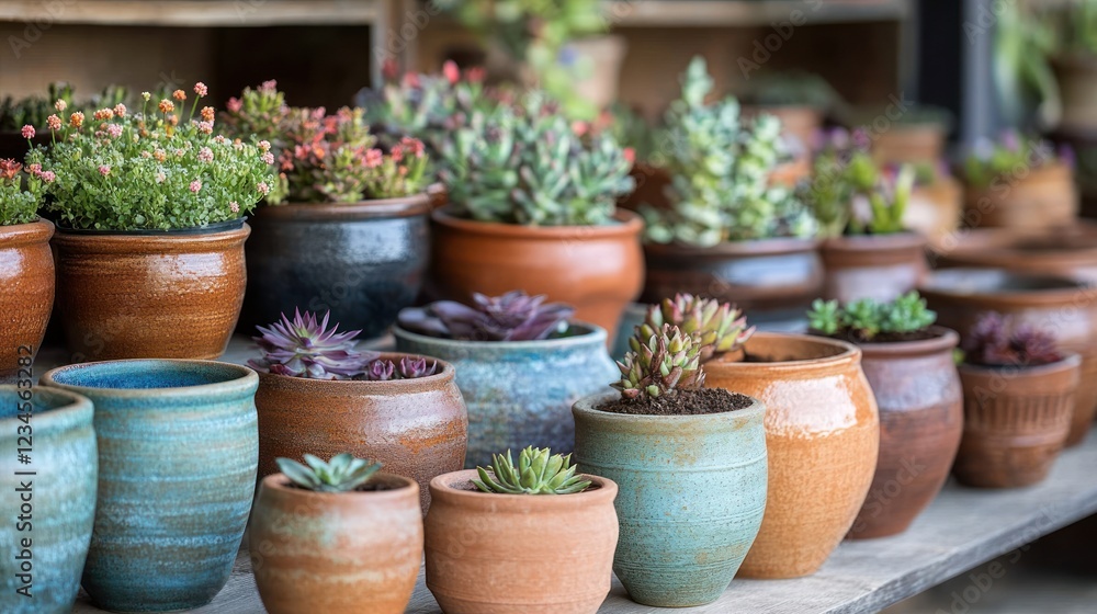 Succulents in various terracotta & ceramic pots, market stall, plants in background Succulents in various terracotta & ceramic pots, market stall, plants in background