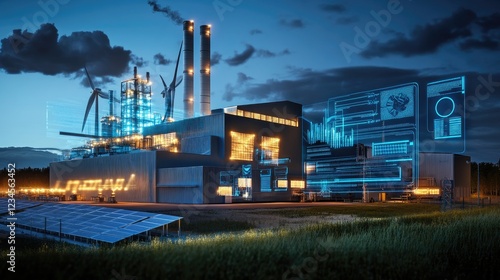 Night view of a modern industrial plant with digital interface overlays showing data and energy production from renewable sources like solar and wind power.