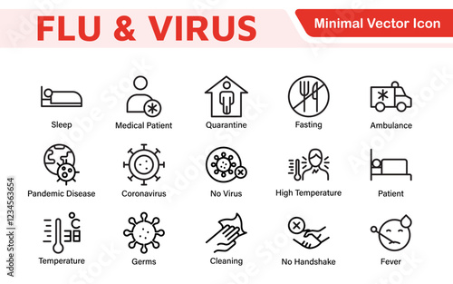 Flu & Virus Icon Set. An essential collection of icons designed to promote health awareness, perfect for enhancing medical materials, educational content, and public health campaigns.