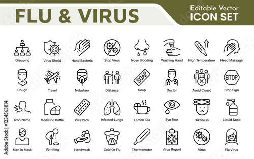 Flu & Virus Icon Set. An essential collection of icons designed to promote health awareness, perfect for enhancing medical materials, educational content, and public health campaigns.