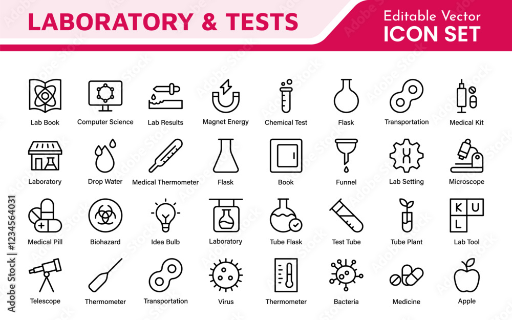 Laboratory and Tests Icon Set. A precise collection of icons for scientific testing and research, perfect for enhancing educational materials, lab websites, and health applications. Laboratory and Tests Icon Set. A precise collection of icons for scientific testing and research, perfect for enhancing educational materials, lab websites, and health applications.