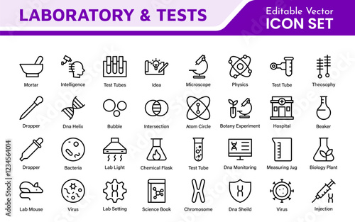 Laboratory and Tests Icon Set. A precise collection of icons for scientific testing and research, perfect for enhancing educational materials, lab websites, and health applications.