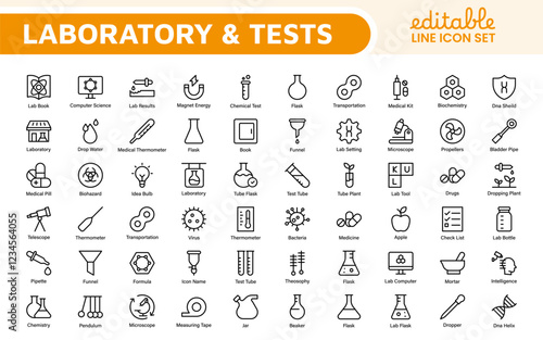 Laboratory and Tests Icon Set. A precise collection of icons for scientific testing and research, perfect for enhancing educational materials, lab websites, and health applications.