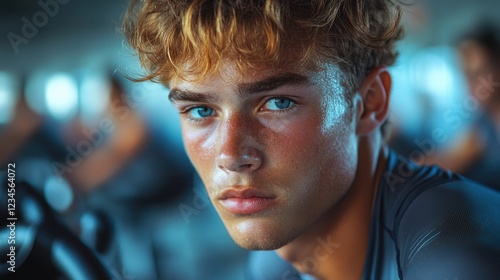 Focused Teenager on Exercise Bike in Gym photo