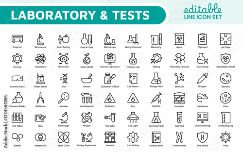 Laboratory and Tests Icon Set. A precise collection of icons for scientific testing and research, perfect for enhancing educational materials, lab websites, and health applications.