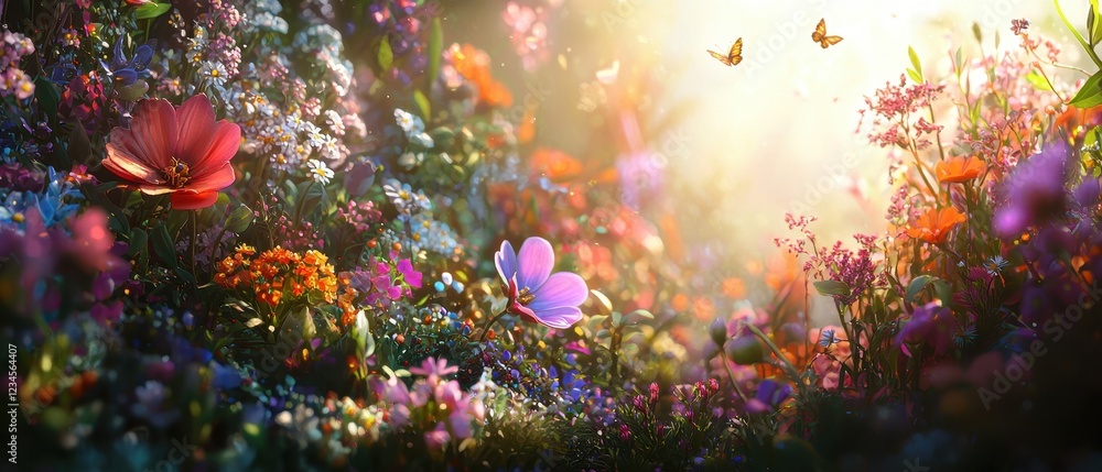 Fototapeta premium A colorful spring meadow with wildflowers blooming under a clear blue sky. The sunlight highlights the vibrant colors of the blossoms, while butterflies flutter among the flowers. The scene 