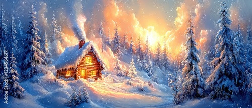 A cozy winter cabin surrounded by snow-covered trees, glowing warmly under the soft light of a golden sunset. Smoke curls gently from the chimney, blending into the pale hues of the sky. The 