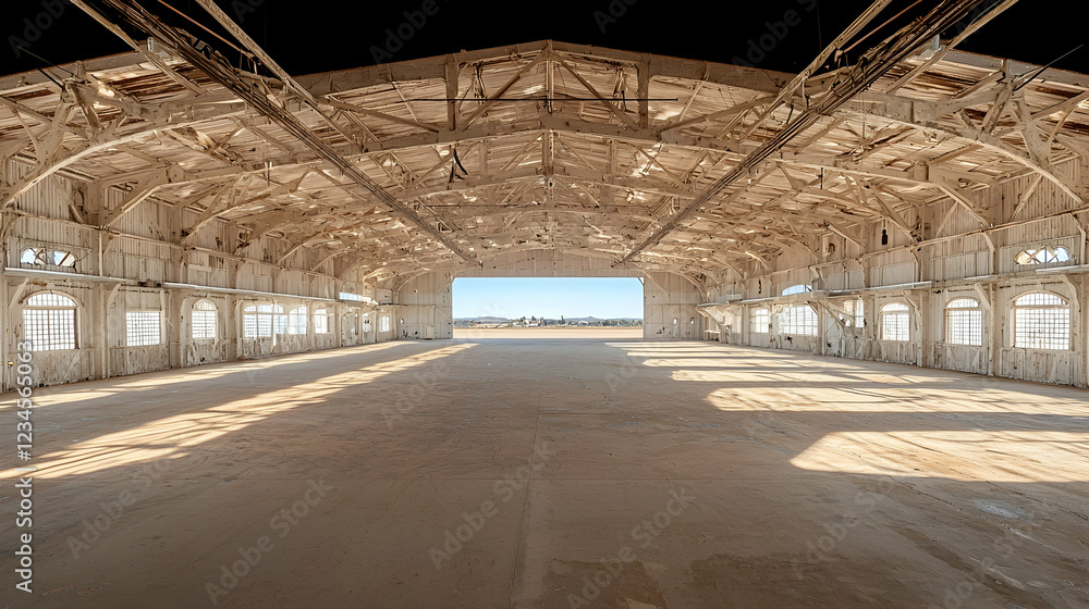 Empty hangar, desert landscape view, sunlight, potential renovation Empty hangar, desert landscape view, sunlight, potential renovation