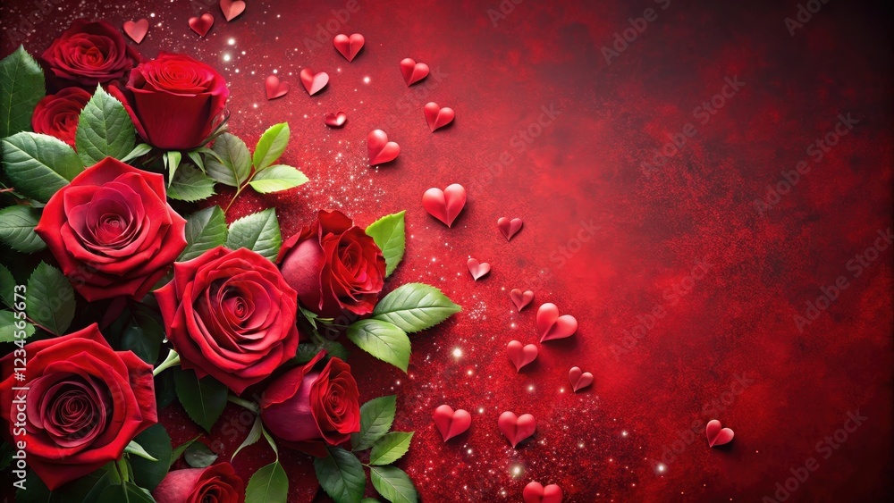 Valentine's Day roses with deep red background and scattered heart-shaped leaves , winter, love, winter Valentine's Day roses with deep red background and scattered heart-shaped leaves , winter, love, winter