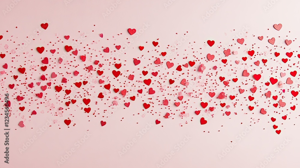 Flat lay of a blank greeting card mock-up with red heart confetti on a pink background, perfect for Valentine's Day messages. Flat lay of a blank greeting card mock-up with red heart confetti on a pink background, perfect for Valentine's Day messages.