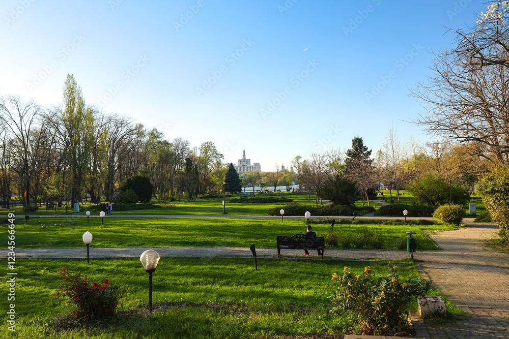 A peaceful park view in Bucharest during springtime, with lush green lawns, blooming trees, and a serene lake reflecting the clear blue sky. An ideal spot for relaxation. Herastrau King Michael I park