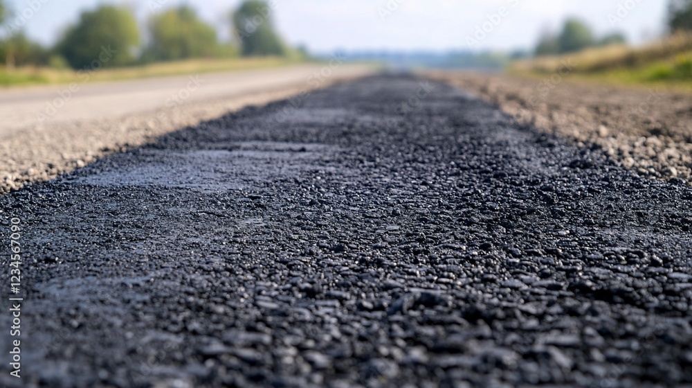 Close-up view of fresh asphalt pavement laid on road during road construction process Close-up view of fresh asphalt pavement laid on road during road construction process