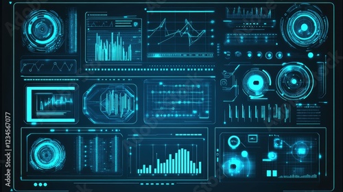 Futuristic digital dashboard displaying data analytics, graphs, and charts on a dark background for tech presentations