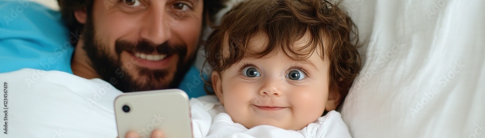 A father recording his babys first words on a smartphone, preserving precious childhood memories, the cute baby has curly brown hair and big blue eyes looking directly at the camera, the father has A father recording his babys first words on a smartphone, preserving precious childhood memories, the cute baby has curly brown hair and big blue eyes looking directly at the camera, the father has