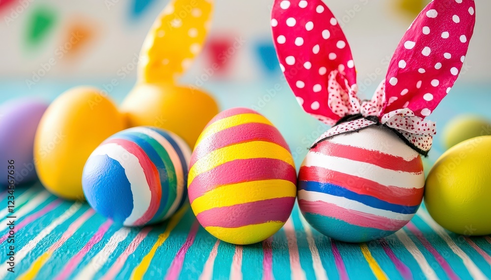 Colorful Easter Eggs with Bunny Ears on Bright Wooden Background Colorful Easter Eggs with Bunny Ears on Bright Wooden Background