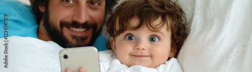 A father recording his babys first words on a smartphone, preserving precious childhood memories, the cute baby has curly brown hair and big blue eyes looking directly at the camera, the father has