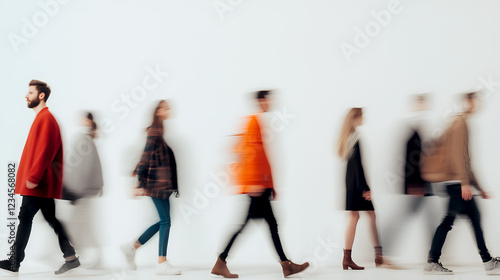 Abstract motion blur of diverse people walking in a row in a white backdrop, symbolizing urban life and movement in a fast-paced world 