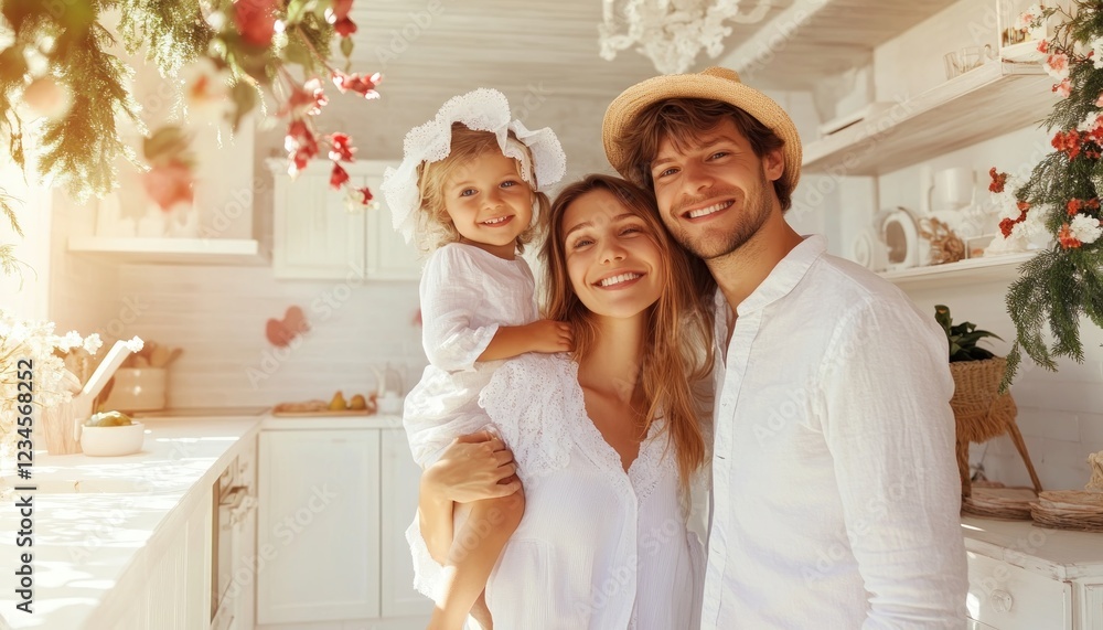 Discover a happy family in a smart home, seamlessly integrating digital devices into their daily parenting routine Explore this heartwarming image showing a family of three smiling brightly in their Discover a happy family in a smart home, seamlessly integrating digital devices into their daily parenting routine Explore this heartwarming image showing a family of three smiling brightly in their