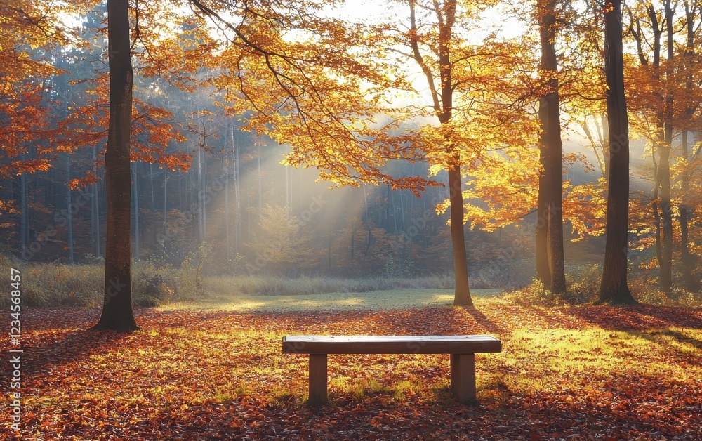 A peaceful autumn park with golden and red leaves carpeting the ground. Trees glow in the soft light of an overcast afternoon, creating a nostalgic seasonal mood. A quiet bench by the pathway A peaceful autumn park with golden and red leaves carpeting the ground. Trees glow in the soft light of an overcast afternoon, creating a nostalgic seasonal mood. A quiet bench by the pathway