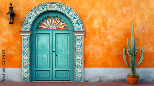 Vibrant teal arched doorway with terracotta wall and cactus 