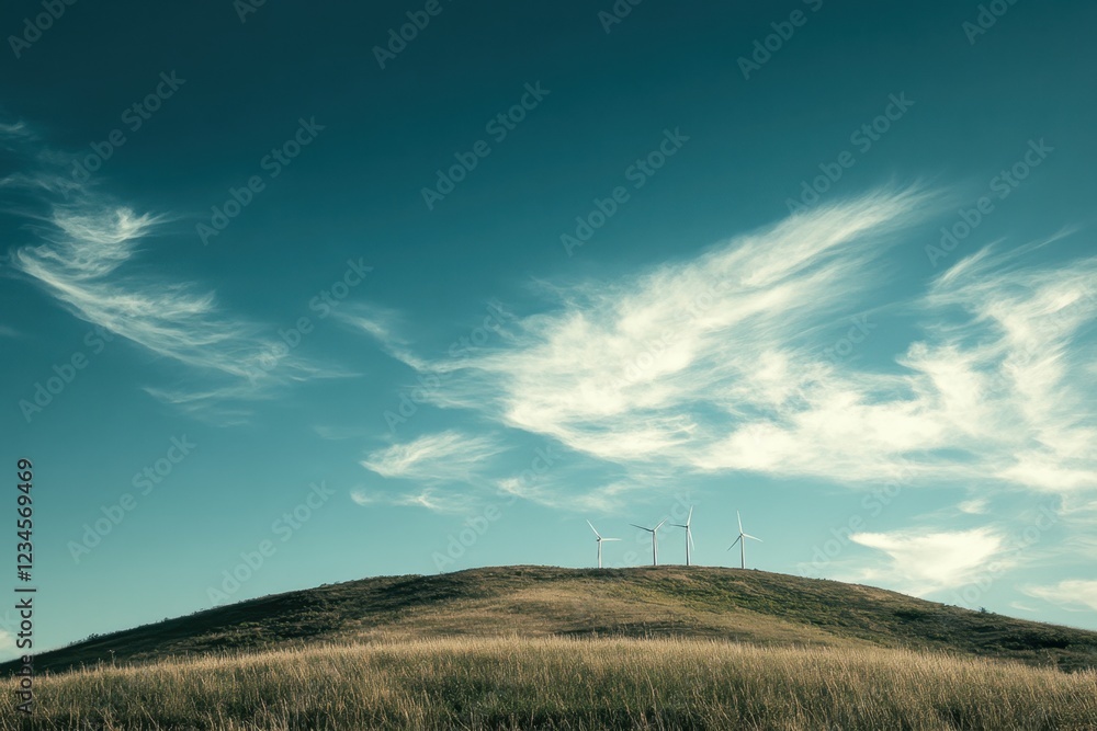 Obraz premium Wind Turbines on a Hill Under a Blue Sky