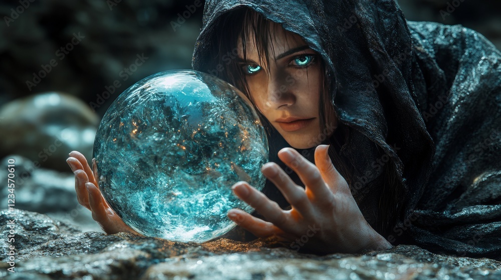 Naklejka premium Mysterious woman with glowing crystal ball.