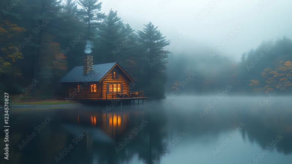Fototapeta premium Misty morning view of a cozy log cabin by a serene lake in the woods.