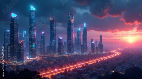 Futuristic cityscape with glowing skyscrapers and a vivid sunset, ideal for technology, sci-fi, or urban design projects. photo