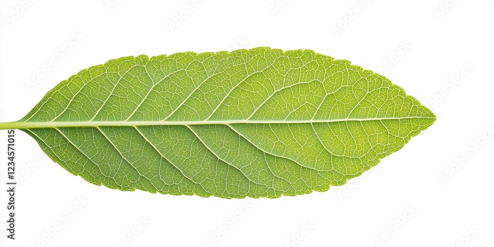 Obraz premium Vibrant Green Leaf: A detailed close-up of a single, vibrant green leaf, showcasing its intricate vein structure and smooth texture. Perfect for botanical illustrations, nature-themed designs.