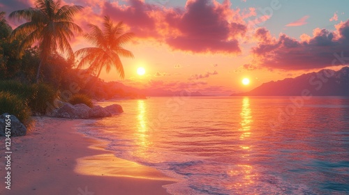 Vibrant sunset over tropical beach with palm trees, reflecting on calm ocean water.