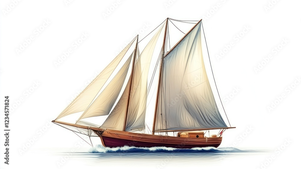 Sailing vessel illustration, white background, calm sea, sunlit sails Sailing vessel illustration, white background, calm sea, sunlit sails