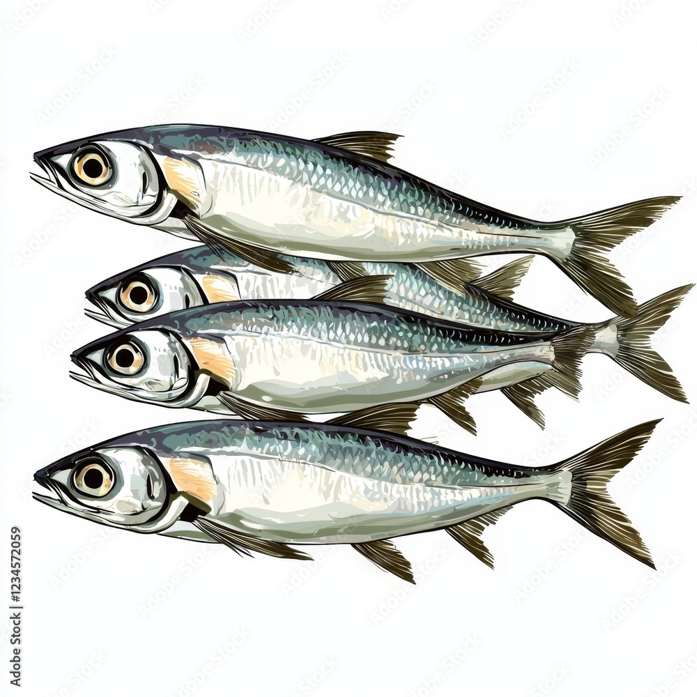 Fototapeta premium Fresh Sardines Swimming Together in a Clear Ocean Water Environment, Showcasing Their Silvery Scales and Bright Eyes