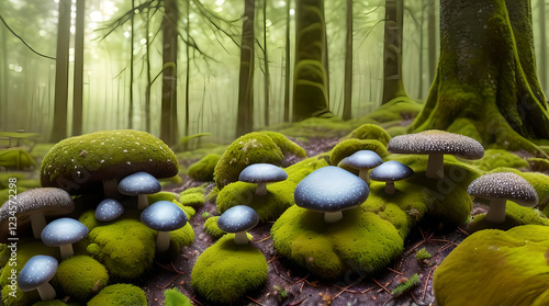 A tranquil forest scene with colorful mushrooms on green moss, surrounded by tall trees and soft mist, creating a serene atmosphere photo