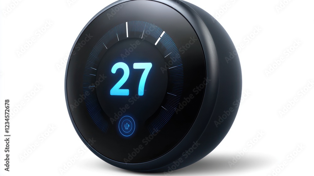 Smart thermostat display showing 27 degrees in a home setting
