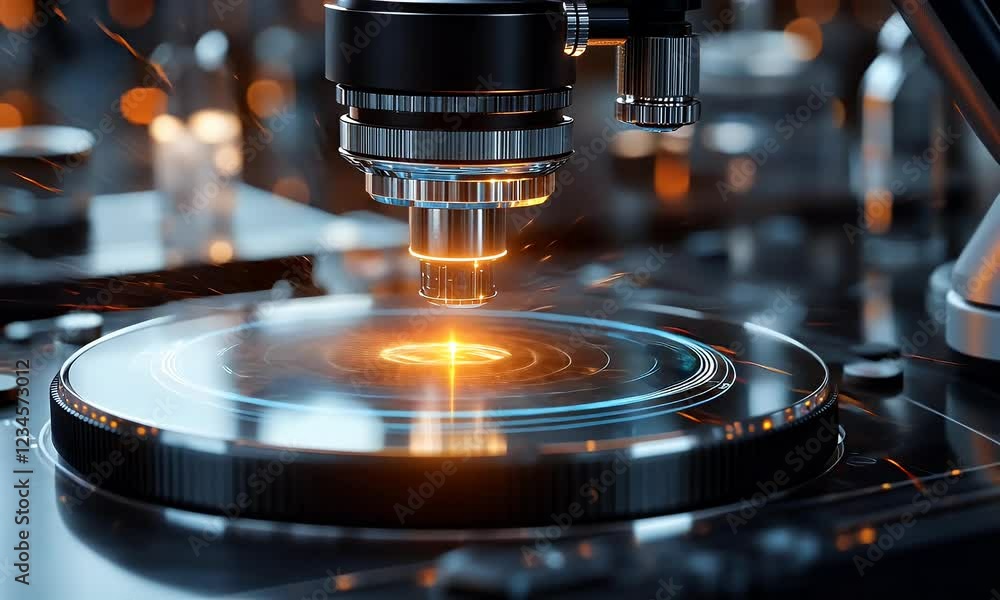 Microscope analyzing futuristic tech in lab Microscope analyzing futuristic tech in lab