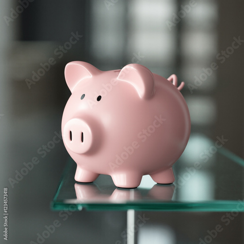 A pink piggy bank is placed on the glass table. Generative AI photo