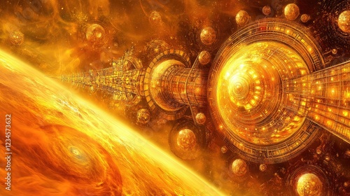 Fototapeta Naklejka Na Ścianę i Meble -  Golden Space Station Orbiting Sun, Celestial Background, Sci-Fi Artwork, Game Design