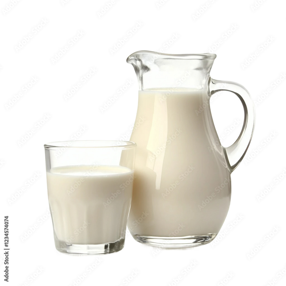 glass of milk and jug isolated on whitebackground background cutout. glass of milk and jug isolated on whitebackground background cutout.