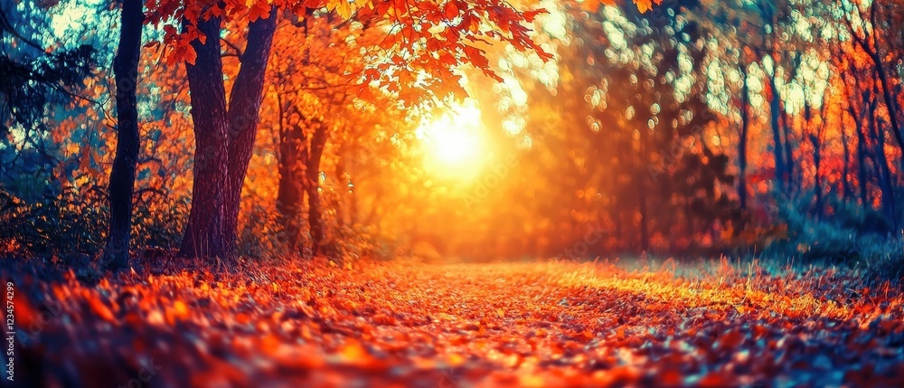 A serene autumn forest with golden leaves carpeting the ground and trees glowing in fiery hues of red and orange. A quiet pathway winds through the forest, illuminated by the soft golden light A serene autumn forest with golden leaves carpeting the ground and trees glowing in fiery hues of red and orange. A quiet pathway winds through the forest, illuminated by the soft golden light