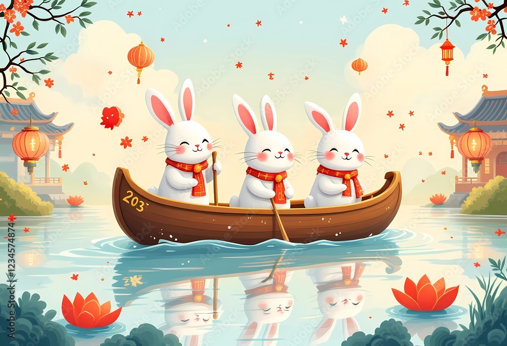 Fototapeta premium Three Adorable Rabbits Enjoying a Peaceful Boat Ride on a Serene Lake during a Festive Celebration