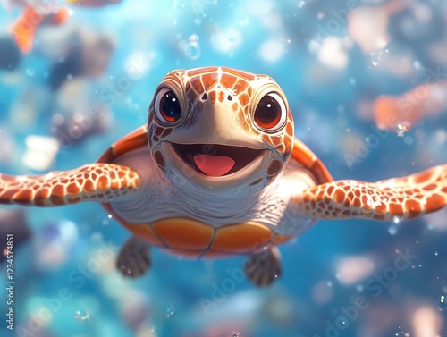 Happy cartoon sea turtle swimming underwater  
 photo