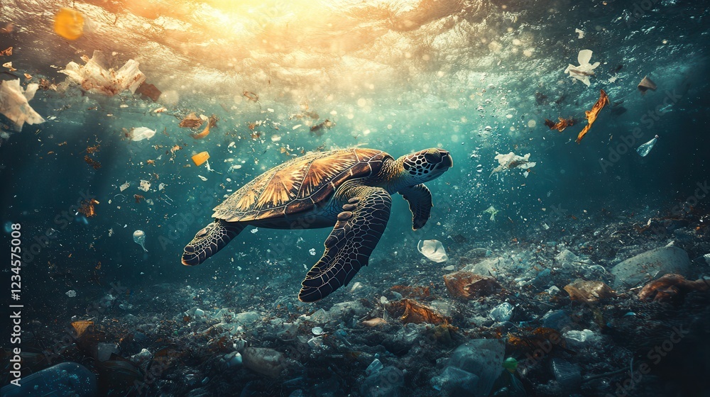 Fototapeta premium Sea turtle navigating polluted ocean waters 