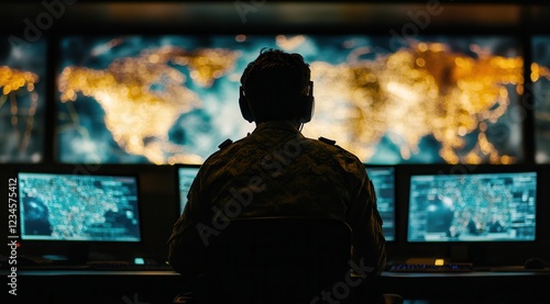 Military analyst monitoring global operations center  
