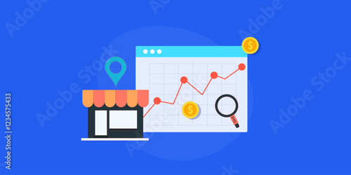 Online store or small business growth analytics graph on screen, financial investment on retail market, conceptual vector illustration.