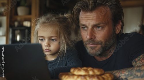 Father and daughter using tablet in cozy kitchen, pastries in background photo