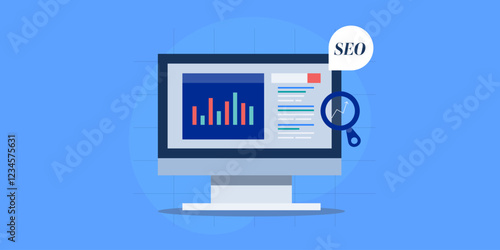 Search engine visibility and web traffic analysis e-business concept. Digital marketing KPI graph on dashboard screen. Vector illustration banner.