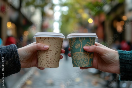 Two hands holding paper coffee cups with different designs, one in brown and the other green, toasting each other on an urban street background. The focus is on their close-up and hands. photo