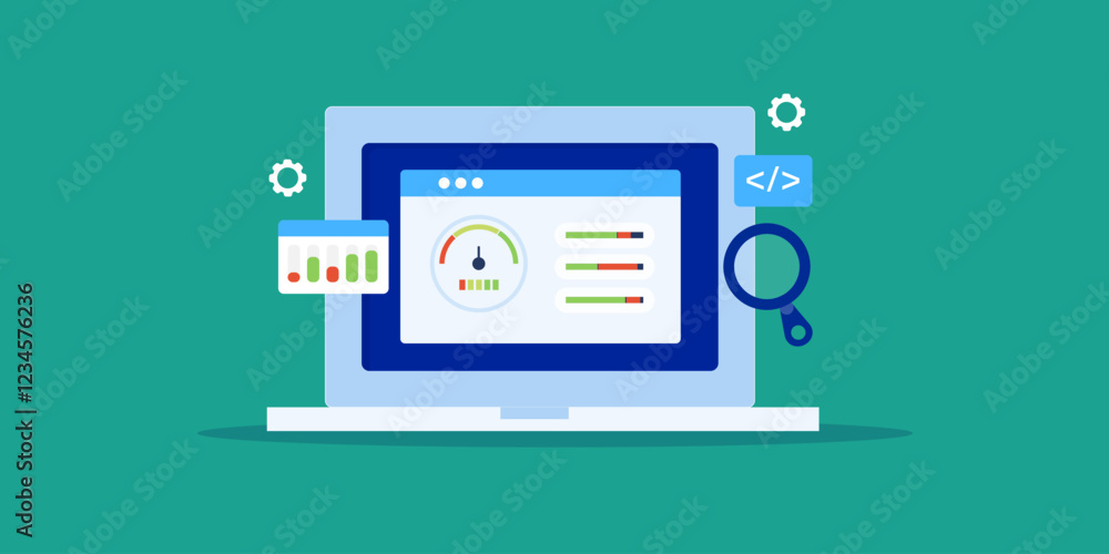 Website performance optimization, technical SEO concept. Vector banner illustration. Website performance optimization, technical SEO concept. Vector banner illustration.
