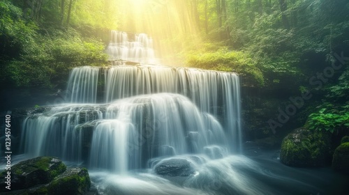Serene waterfall cascades through lush forest, sun rays illuminating mist; nature tranquility